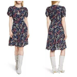 LEWIT Womens Size 18 Floral 100% Silk Short Sleeve Dress Knee Length Navy XL